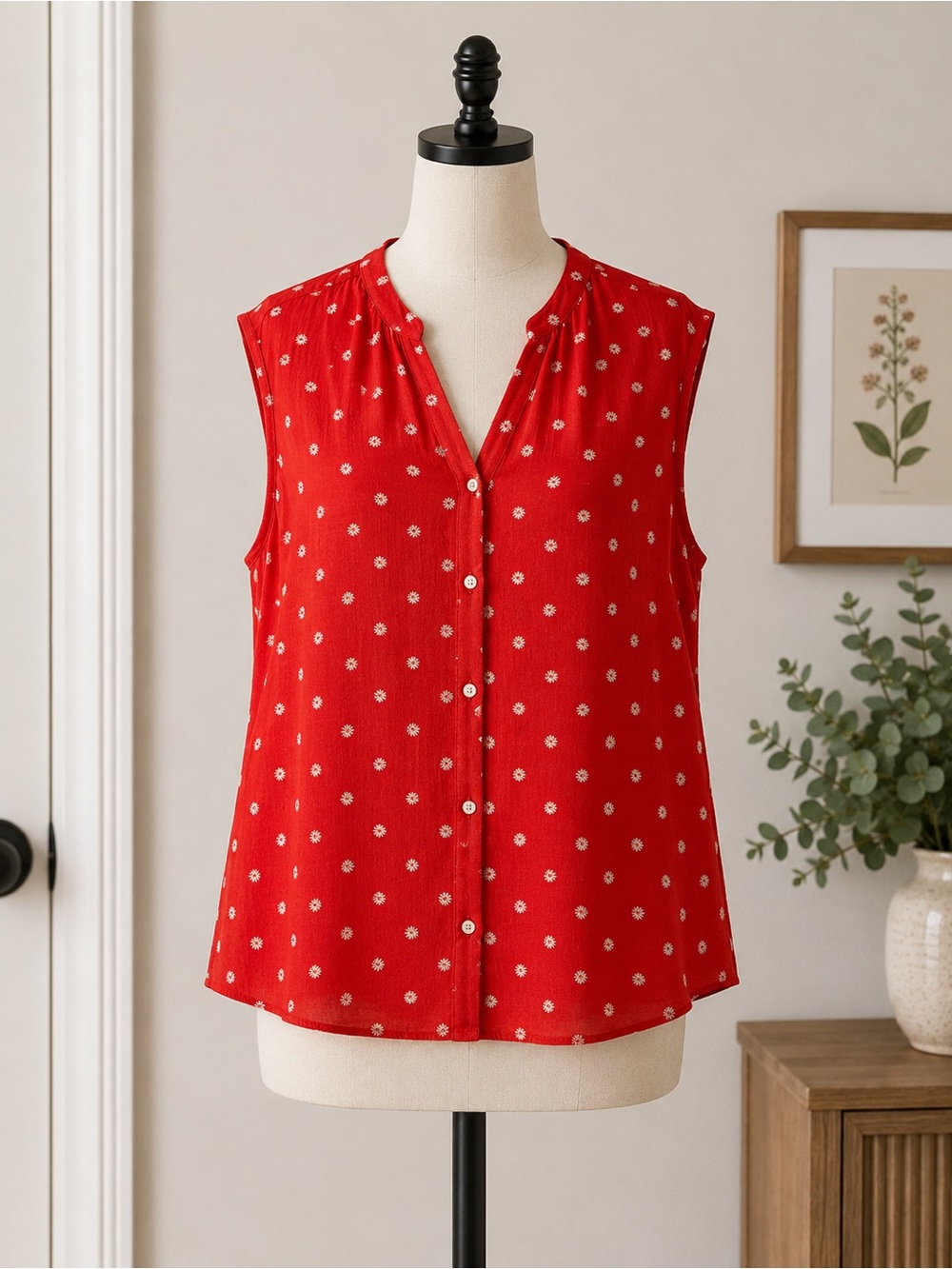 Old Navy Red Sleeveless Button-Front Blouse with White Dot Print
